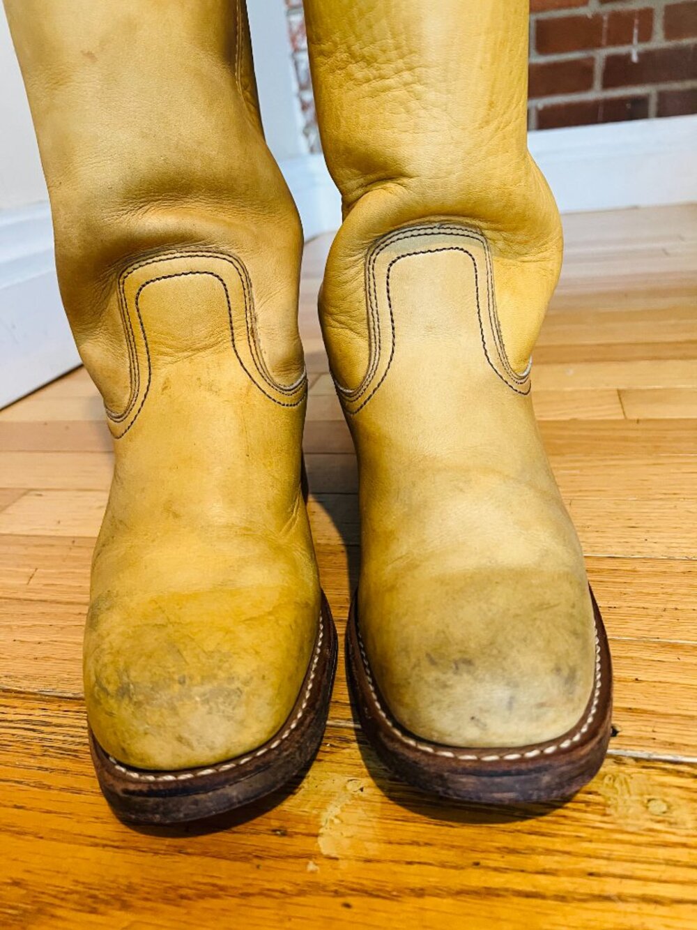 VTG Frye Campus Banana Boots Women 9.5 M Yellow Square Toe Western MADE IN USA - Picture 10 of 16